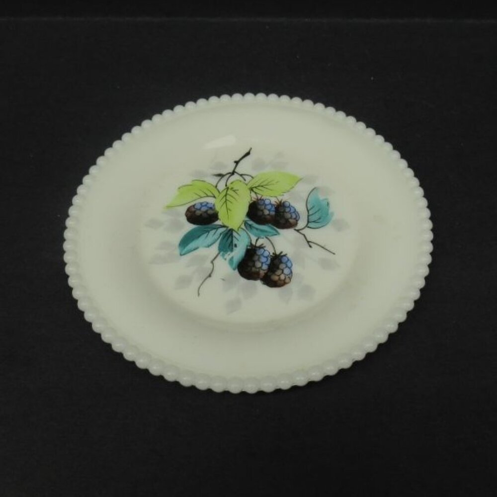 Westmoreland Milk Glass BEADED EDGE 6 Inch Hand Painted Black Berry Plate